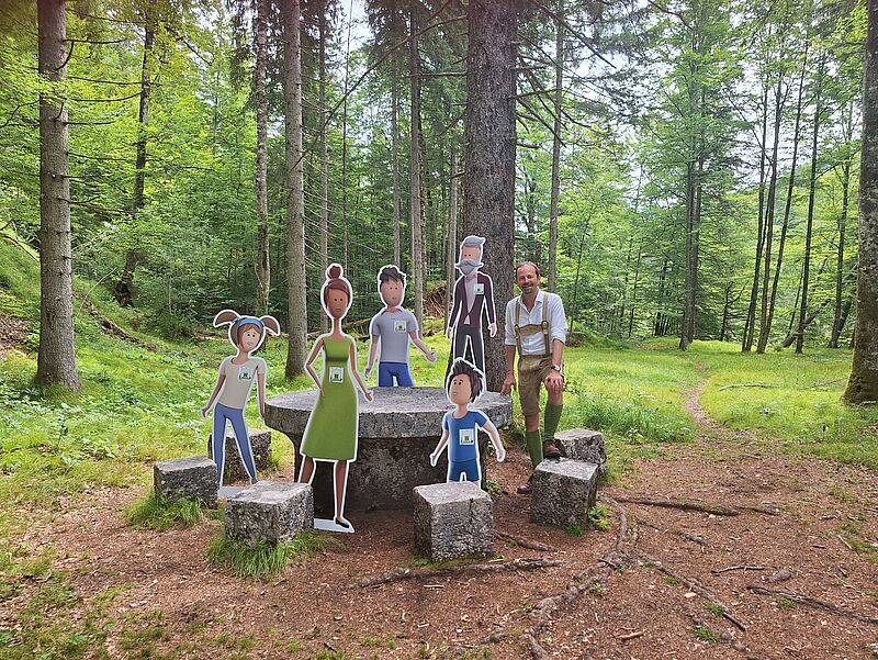 Martin Stürmer, Leiter des ÖBf-Forstbetriebs Inneres Salzkammergut, mit den Hauptfiguren der App am Kaisertisch nahe der Chorinskyklause (c) Hermine Hackl