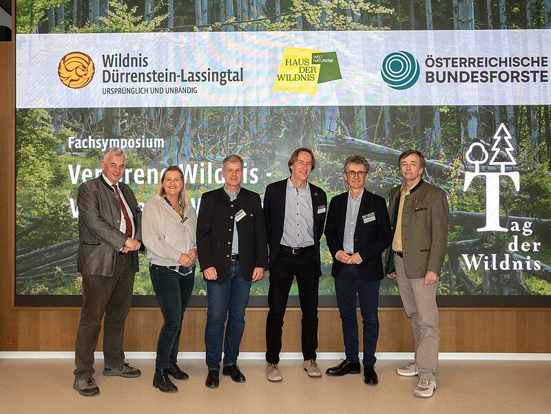 v.l.: Johannes Schima (BML - Abteilungsleiter Waldschutz, Waldentwicklung und forstliche Förderung), Antje Güttler (Leiterin ÖBf-Forstbetrieb Kärnten-Lungau), Andreas Gruber (ÖBf-Vorstand), Georg Gratzer (Universitätsprofessor, BOKU Wien), Peter Mayer (Leiter Bundesforschungszentrum für Wald), Christoph Leditznig (Geschäftsführer Wildnisgebiet Dürrenstein-Lassingtal) © Laura Renner