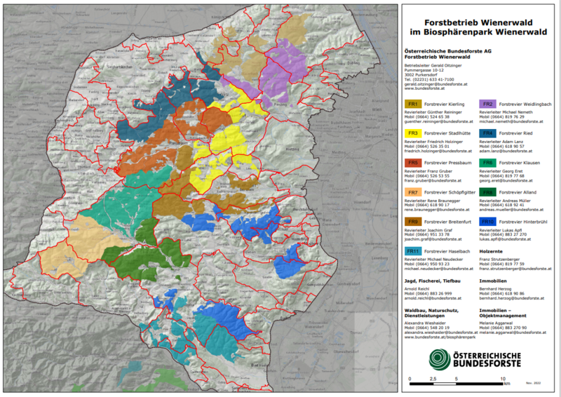 Übersichtskarte des Forstbetriebs Wienerwald mit bunt dargestellten Revieren