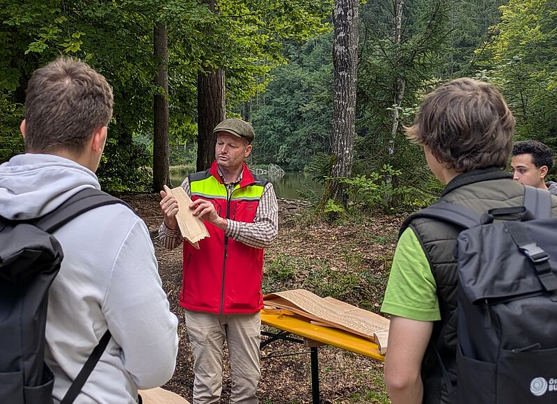 Mann im roten Gilet erklärt Holzproben im Wald an einen Gruppe von Schülern