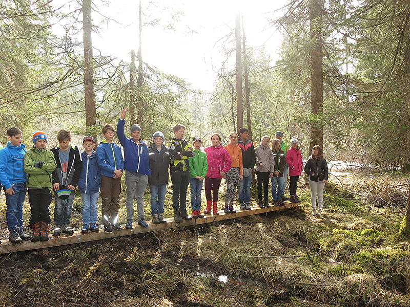 Auf dem sichtbaren Teil einer Spundwand (Holzbalken) stehen sechzehn Schülerinnen und Schüler aufgereiht. Ein Junge hebt die Hand und stellt eine Frage.