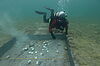 Man sieht einen Forschungstaucher unter Wasser bei einer Grabungsstelle.