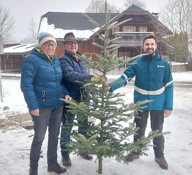 (v.l.) Sabine und Manfred Ranninger, ehrenamtliche Helfer*innen bei Pro Juventute, mit ÖBf-Revierleiter Thomas Lassacher bei der Übergabe der Christbäume (c) oebf