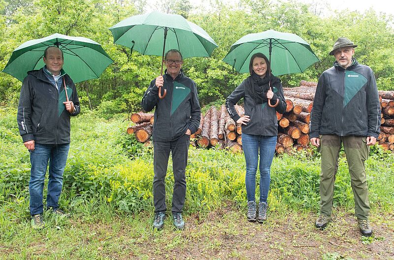 Beim Lokalaugenschein im Wienerwald, v.l.n.r. ÖBf-Betriebsleiter Gerald Oitzinger, ÖBf-Vorstand Rudolf Freidhager, Christina Laßnig-Wlad, Leiterin des ÖBf-Naturraummanagements, ÖBf-Revierleiter Joachim Graf (c) ÖBf-Archiv/F. Helmrich